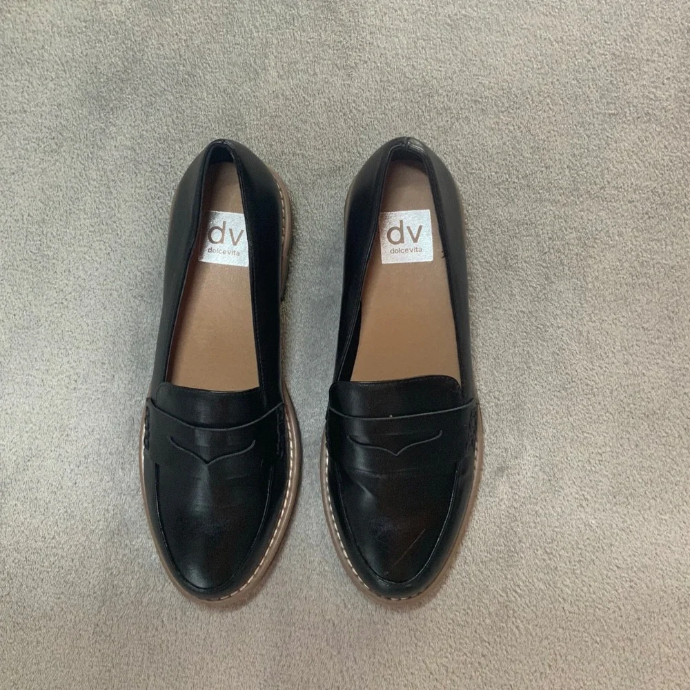 DV Dolce Vita Carley Black Lug Sole Penny Loafers Womens Size 8 Chunky Heel